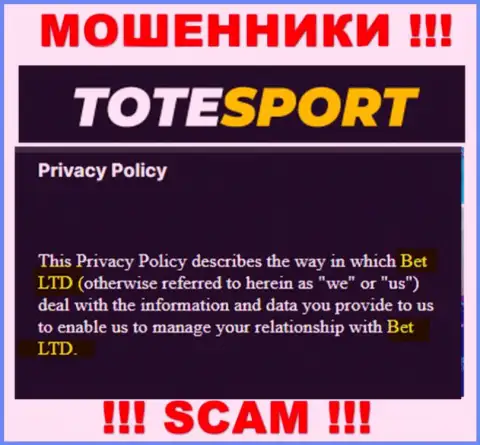 ToteSport - юр лицо мошенников контора BET Ltd