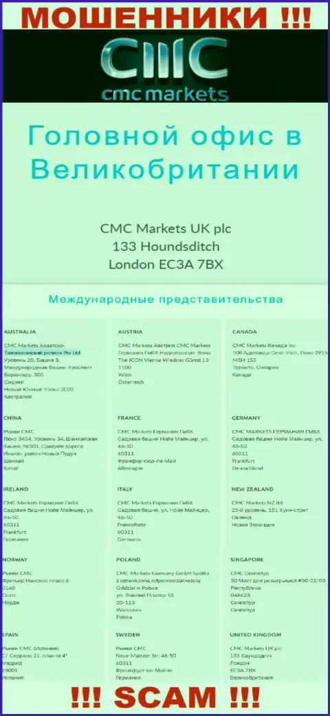 На интернет-ресурсе конторы CMCMarkets предоставлен левый официальный адрес - это РАЗВОДИЛЫ !!!
