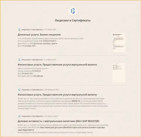 Разрешения и сертификаты интернет обменки БТЦБИТ Сп. З.о.о.