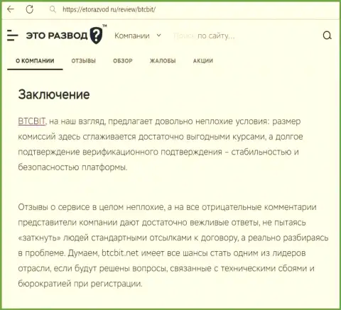 Заключение к материалу об онлайн обменке БТЦ Бит на web-ресурсе etorazvod ru