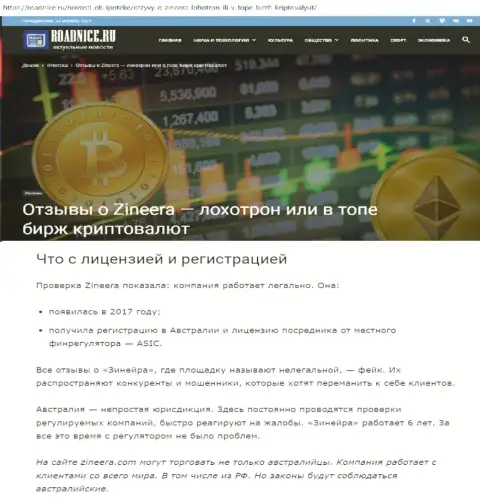 Публикация о лицензии дилинговой компании Zinnera Com на интернет-ресурсе роаднисе ру